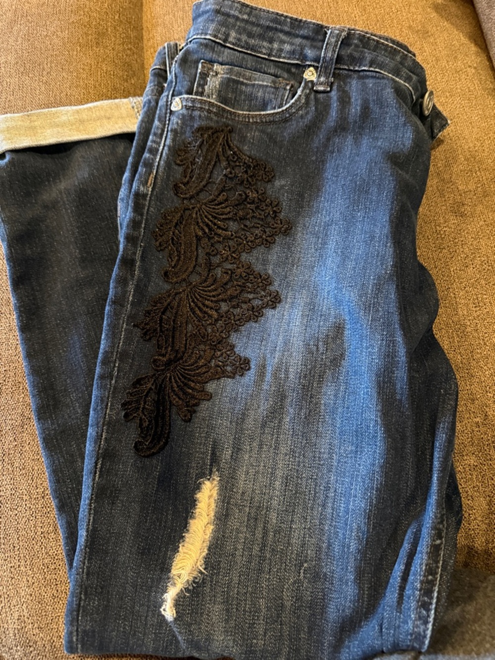 Kut from the Kloth Dark Blue Straight Leg Jeans with Black Lace Appliqué